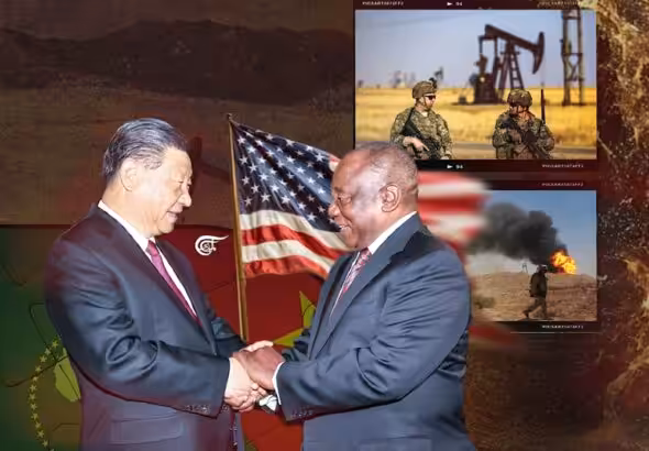 Chinese Photo composition showing President Xi Jinping (left) shaking hands with South African President Cyril Ramaphosa, in the background the US flag next to photos of US military deployed in West Asia. Photo: Zeinab al-Hajj/Al Mayadeen.
