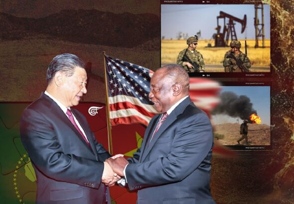 Chinese Photo composition showing President Xi Jinping (left) shaking hands with South African President Cyril Ramaphosa, in the background the US flag next to photos of US military deployed in West Asia. Photo: Zeinab al-Hajj/Al Mayadeen.