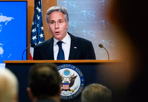 Secretary of State Antony Blinken speaks during a news conference about Russia’s alleged election interference at the Department of State in Washington, Sept. 13, 2024. Photo: Jose Luis Magana/AP.