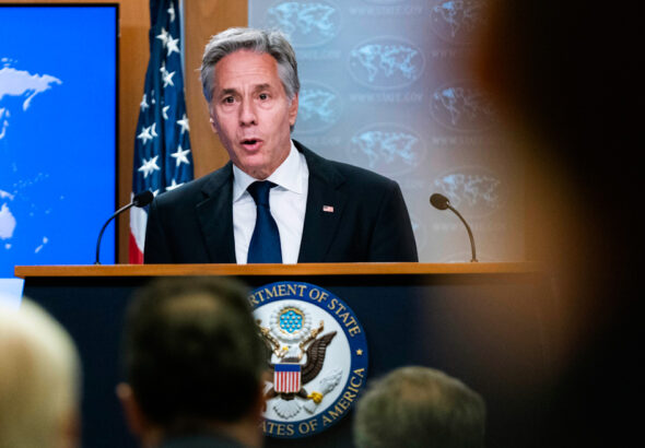 Secretary of State Antony Blinken speaks during a news conference about Russia’s alleged election interference at the Department of State in Washington, Sept. 13, 2024. Photo: Jose Luis Magana/AP.