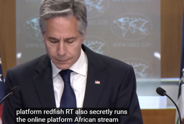 Antony Blinken at a Sept 13, 2024 press briefing where he named African Stream and others as Russian propagandists. Photo: Washington Post/YouTube.