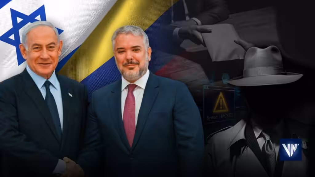 Photo composition showing the prime minister of the Israeli settler state, Benjamin Netanyahu (left), and former president of Colombia, Iván Duque (right), with the flags of Colombia and "Israel" in the background, next to the silhouette of a faceless person with a pack of drugs. Photo: Venezuela News.