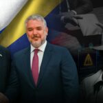 Photo composition showing the prime minister of the Israeli settler state, Benjamin Netanyahu (left), and former president of Colombia, Iván Duque (right), with the flags of Colombia and "Israel" in the background, next to the silhouette of a faceless person with a pack of drugs. Photo: Venezuela News.