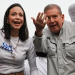 Venezuelan far-right opposition politicians María Corina Machado (left) and Edmundo González Urrutia (right) at a political event. File photo.