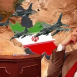 Compilation image showing US aircraft, Carl Gershman (Left) and Bill Kristol (Right) over a map of West Asia highlighting Iran with its flag. Photo The Grayzone.