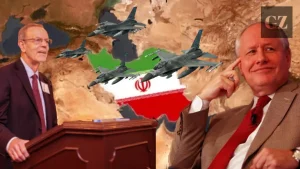 Compilation image showing US aircraft, Carl Gershman (Left) and Bill Kristol (Right) over a map of West Asia highlighting Iran with its flag. Photo The Grayzone.