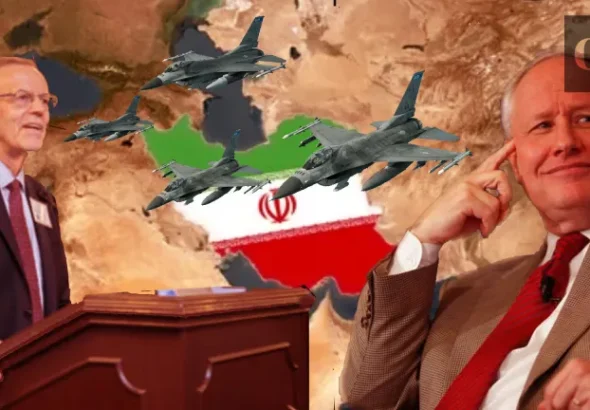 Compilation image showing US aircraft, Carl Gershman (Left) and Bill Kristol (Right) over a map of West Asia highlighting Iran with its flag. Photo The Grayzone.