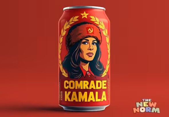 Photo composition portraying a can with a woman wearing a Russian shapka with the sickle & hammer communist sign along with a caption reading “Comrade Kamala.” Photo: X/@NewNorm.