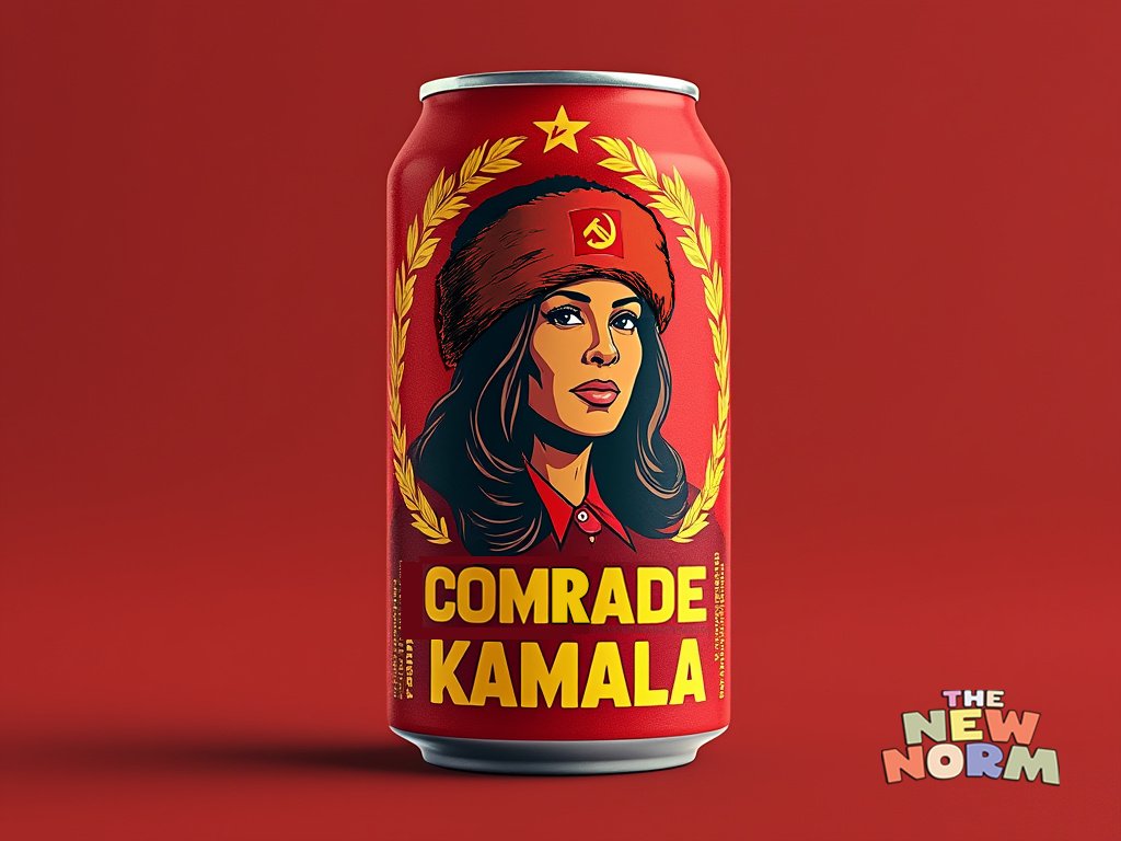 Photo composition portraying a can with a woman wearing a Russian shapka with the sickle & hammer communist sign along with a caption reading “Comrade Kamala.” Photo: X/@NewNorm.