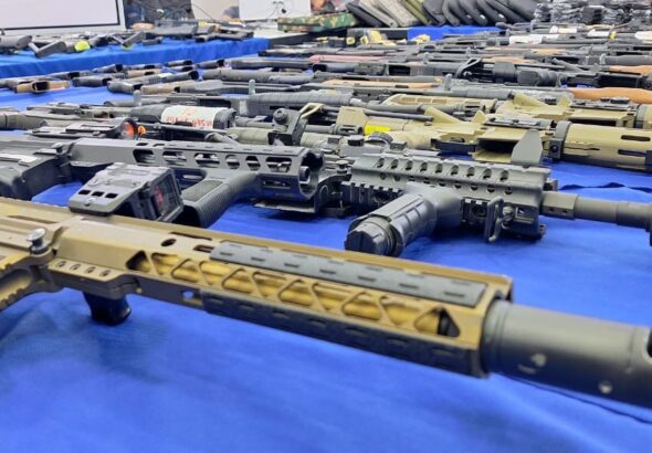Some of the more that 400 weapons seized by Venezuelan authorities as part of a mercenary plot involving US and Spain intelligence agencies. Photo: X/@MijpVzla/file photo.