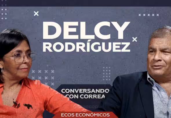Venezuelan Vice President Delcy Rodríguez (left) and former Ecuadorian President Rafael Correa (right) in a poster prepared for the interview in the RT television program "Talking with Correa." Photo: Russia Today (RT).