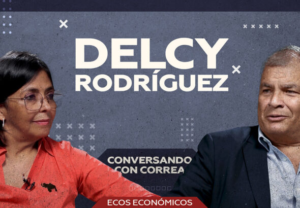 Venezuelan Vice President Delcy Rodríguez (left) and former Ecuadorian President Rafael Correa (right) in a poster prepared for the interview in the RT television program "Talking with Correa." Photo: Russia Today (RT).