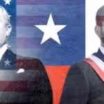Gabriel González Videla, Former President of Chile (left) and Gabriel Boric, President of Chile (right) and in the background the flags of Chile and the United States. Photo: United World.
