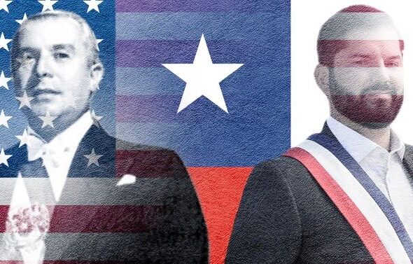 Gabriel González Videla, Former President of Chile (left) and Gabriel Boric, President of Chile (right) and in the background the flags of Chile and the United States. Photo: United World.