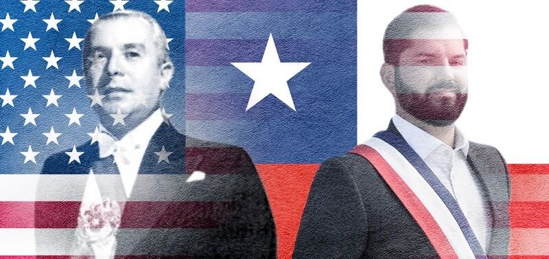 Gabriel González Videla, Former President of Chile (left) and Gabriel Boric, President of Chile (right) and in the background the flags of Chile and the United States. Photo: United World.