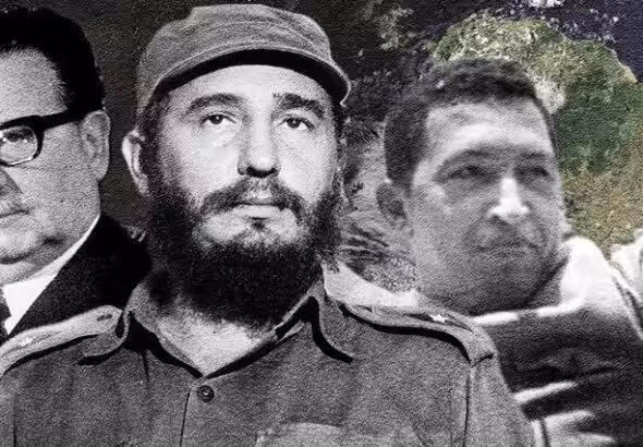 Photo composition, Salvador Allende, Former President of Chile (left); Fidel Castro, Former President of Cuba (middle); Hugo Chavez Frias, Former President of Venezuela (right) and the continent American in the background. Photo: United World.