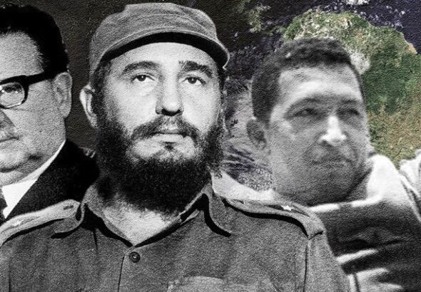 Photo composition, Salvador Allende, Former President of Chile (left); Fidel Castro, Former President of Cuba (middle); Hugo Chavez Frias, Former President of Venezuela (right) and the continent American in the background. Photo: United World.