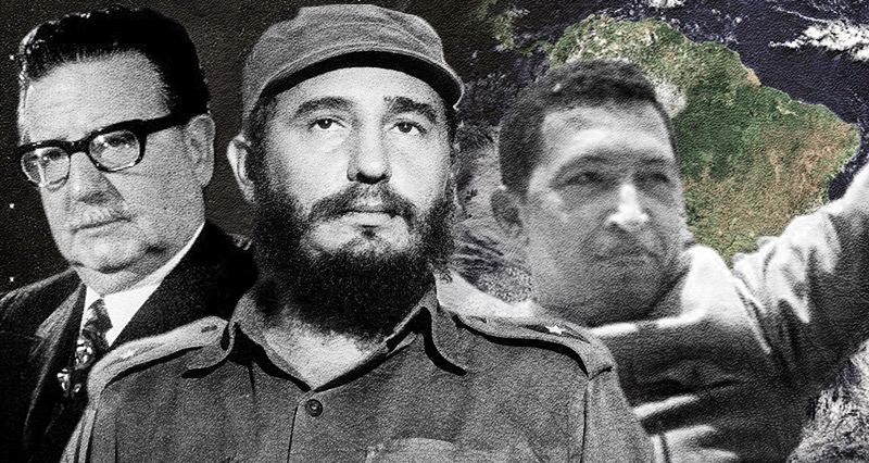 Photo composition, Salvador Allende, Former President of Chile (left); Fidel Castro, Former President of Cuba (middle); Hugo Chavez Frias, Former President of Venezuela (right) and the continent American in the background. Photo: United World.