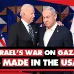 'Israel's war on Gaza is made in the USA,' reads the image showing President Joe Biden (Left) and Prime Minister Benjamin Netanyahu (Right). Photo: Geopolitical Economy.