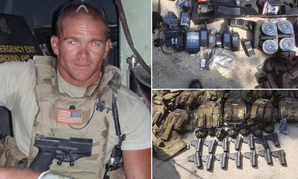 Collage showing US mercenary Jordan Goudreau and the weapons seized from the Operation Gideon coup perpetrators in Venezuela in May 2020. Photo: AP.