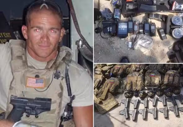 Collage showing US mercenary Jordan Goudreau and the weapons seized from the Operation Gideon coup perpetrators in Venezuela in May 2020. Photo: AP.