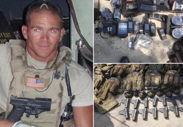 Collage showing US mercenary Jordan Goudreau and the weapons seized from the Operation Gideon coup perpetrators in Venezuela in May 2020. Photo: AP.