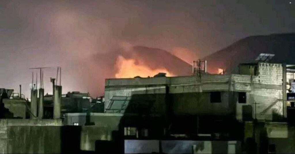 Infrastructure on fire due to Israeli airstrike on Masyaf town in Hama province, Syria. Photo: Moshiach.