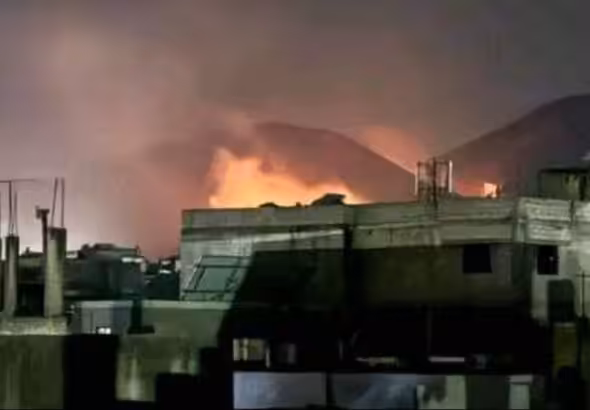 Infrastructure on fire due to Israeli airstrike on Masyaf town in Hama province, Syria. Photo: Moshiach.