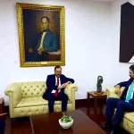 Venezuelan Foreign Affairs Minister Yván Gil (center) meets with Spanish Ambassador in Venezuela Ramón Santos Martínez to condemn Spain's interventionist actions, Caracas, September 13, 2024. Photo: MPPRE.
