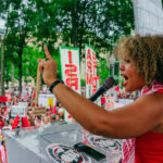 PSL presidential candidate Claudia De la Cruz speaks at the rally outside the US Capitol protesting Netanyahu's visit on July 24. Photo:X/@votesocialist24.