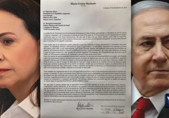 Photo composition showing Venezuelan far-right politician María Corina Machado (left), Israeli Prime Minister Benjamin Netanyahu (right) and a letter (center) sent in 2018 by Machado to Netanyahu requesting a military intervention of Venezuela. Photo: Venezuela News/File photo.