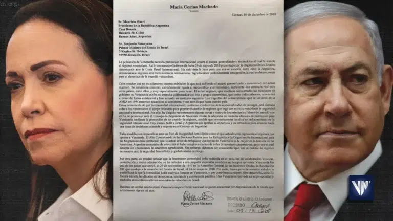 Photo composition showing Venezuelan far-right politician María Corina Machado (left), Israeli Prime Minister Benjamin Netanyahu (right) and a letter (center) sent in 2018 by Machado to Netanyahu requesting a military intervention of Venezuela. Photo: Venezuela News/File photo.