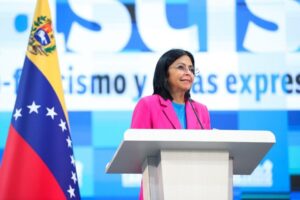 Venezuelan Vice President Delcy Rodriguez during her keynote remarks at the opening of the World Congress Against Fascism, Neo-Fascism and Other Similar Expressions held in Caracas, on Tuesday, September 10, 2024. Photo: RedRadioVE.
