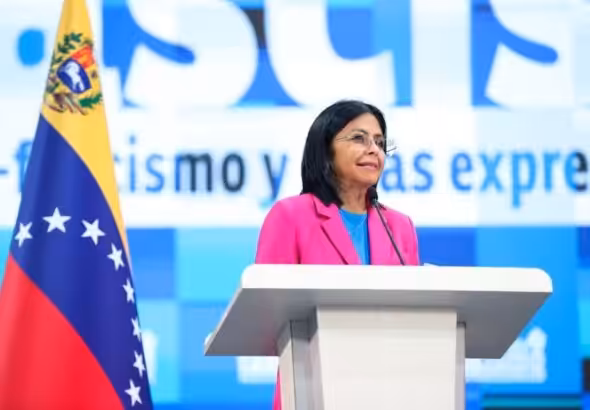 Venezuelan Vice President Delcy Rodriguez during her keynote remarks at the opening of the World Congress Against Fascism, Neo-Fascism and Other Similar Expressions held in Caracas, on Tuesday, September 10, 2024. Photo: RedRadioVE.
