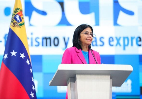 Venezuelan Vice President Delcy Rodriguez during her keynote remarks at the opening of the World Congress Against Fascism, Neo-Fascism and Other Similar Expressions held in Caracas, on Tuesday, September 10, 2024. Photo: RedRadioVE.