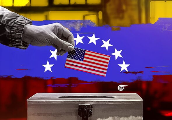 Election box where a US flag is cast as a ballot. Photo: Ali Al-Hadi Chemis/Al Mayadeen.