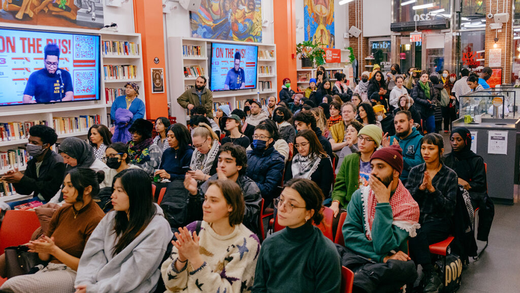 Volunteers meet at the People's Forum to organize Palestine solidarity efforts around New York City. Photo: Wyatt Souers/Peoples Dispatch.