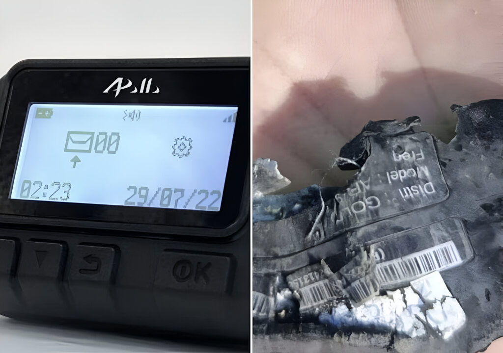 The pagers used in the Israeli terrorist operation in Lebanon. A new pager is shown next to one that has exploded. Photo: X/@TimesAlgebraIND.