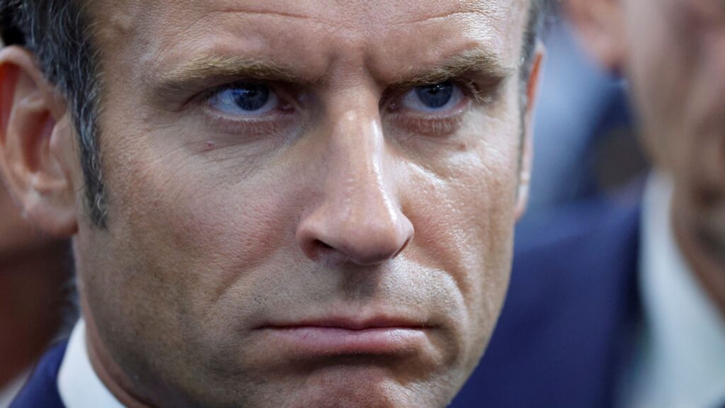 French President Emmanuel Macron looks on as he visits the Eurosatory land and airland defense and security trade fair, in Villepinte, north of Paris, June 13, 2022. Photo: Ludovic Marin/AP Photo.