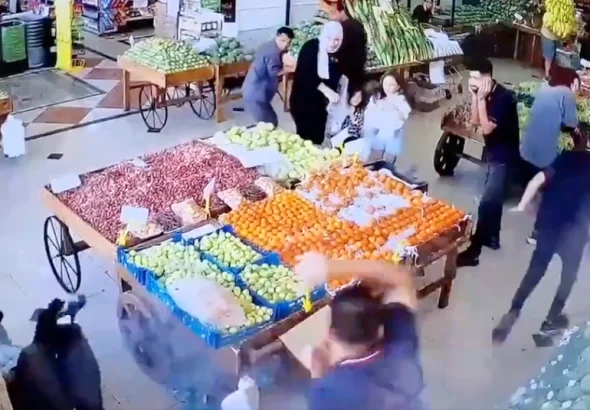 An Image Taken From a Video Posted on Social Media Showing an Explosion and a Man Falling to the Floor at a Vegetable Market in Beirut this past Tuesday, September 17, 2024. Photo: AFP/Getty Images.