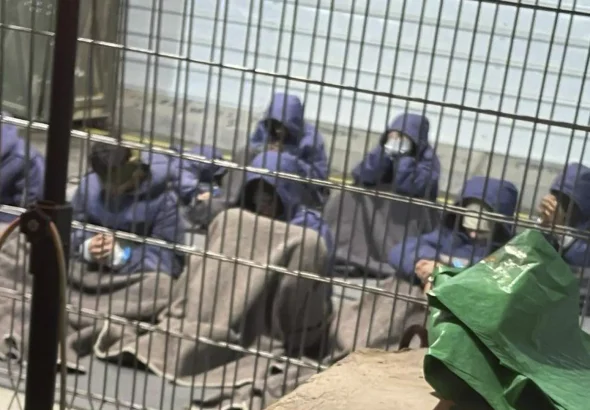 Palestinian hostages held by the zionist entity at a concentration camp on the Sde Teiman military base. Photo: AP Photo.