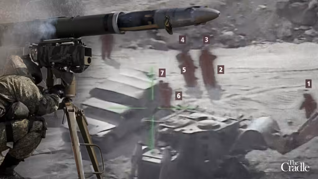 An anti-tank guided missile (ATGM) system over a photo of a Zionist convoy under fire. Photo: The Cradle.