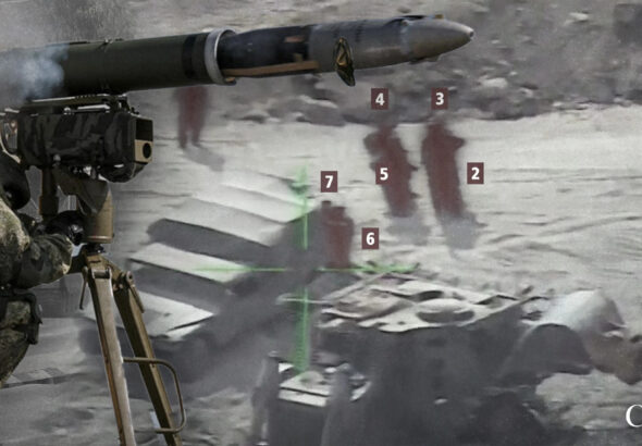 An anti-tank guided missile (ATGM) system over a photo of a Zionist convoy under fire. Photo: The Cradle.