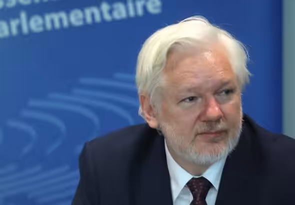 Julian Assange testifies before a PACE committee in Strasbourg, France on October 1, 2024. Photo: Johannes Simon/Getty Images.