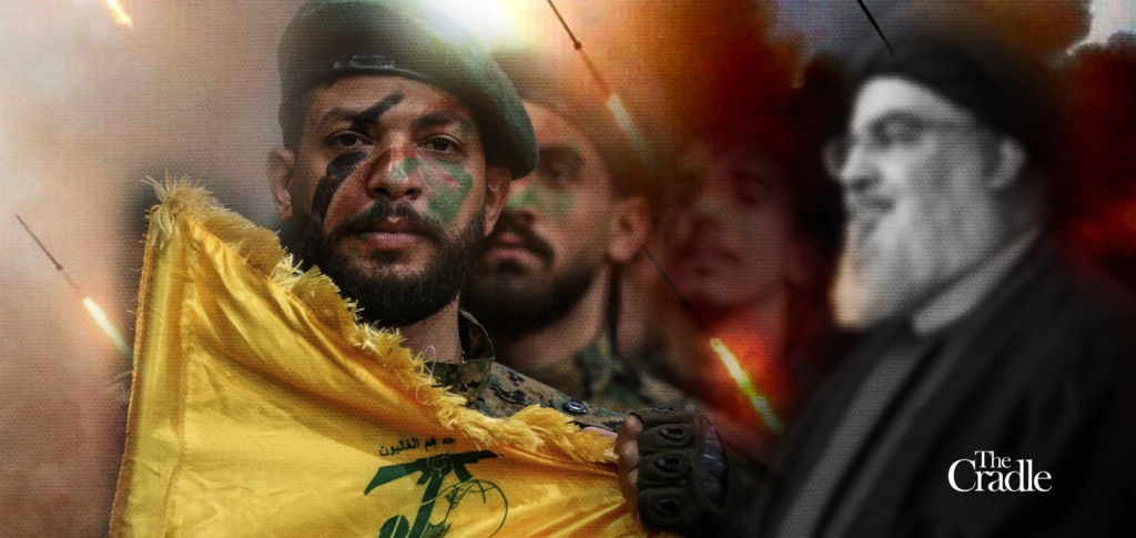 Hezbollah militants and missiles (Left) and Hassan Nasrallah (Right). Photo Credit: The Cradle.