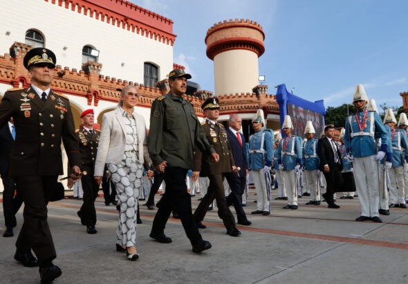 Venezuelan President Nicolás Maduro walking with his wife Deputy Cilia Flores (left) and Interior Minister Diosdado Cabello (far right) at the 4F Barracks, during the change of command of the Venezuelan Army (FANB) in Caracas, on Tuesday, October 15, 2024. Photo: Presidential Press.
