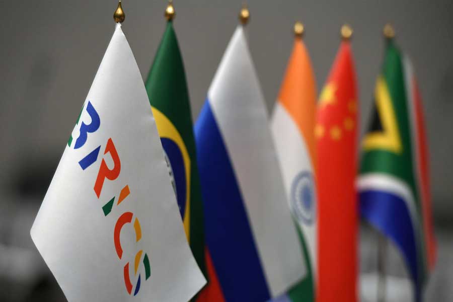 Flags of BRICS and its founding member states. File photo.