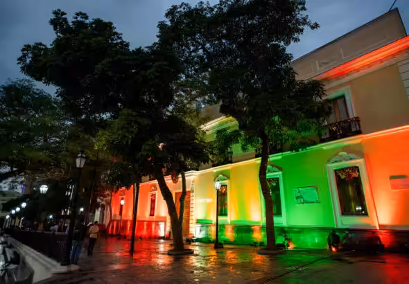 Headquarters of the Venezuelan Ministry for Foreign Affairs, Casa Amarilla, in Caracas, illuminated with the colors of the Palestinian flag on Tuesday, October 8, 2024. Photo: Venezuelan Ministry of Foreign Affairs/file photo.