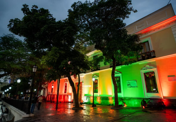 Headquarters of the Venezuelan Ministry for Foreign Affairs, Casa Amarilla, in Caracas, illuminated with the colors of the Palestinian flag on Tuesday, October 8, 2024. Photo: Venezuelan Ministry of Foreign Affairs.