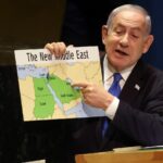 During a speech before the United Nations General Assembly on September 22, 2023, Zionist Prime Minister Benjamin Netanyahu holds up a map that shows "Israel" stretching “from the river to the sea.”